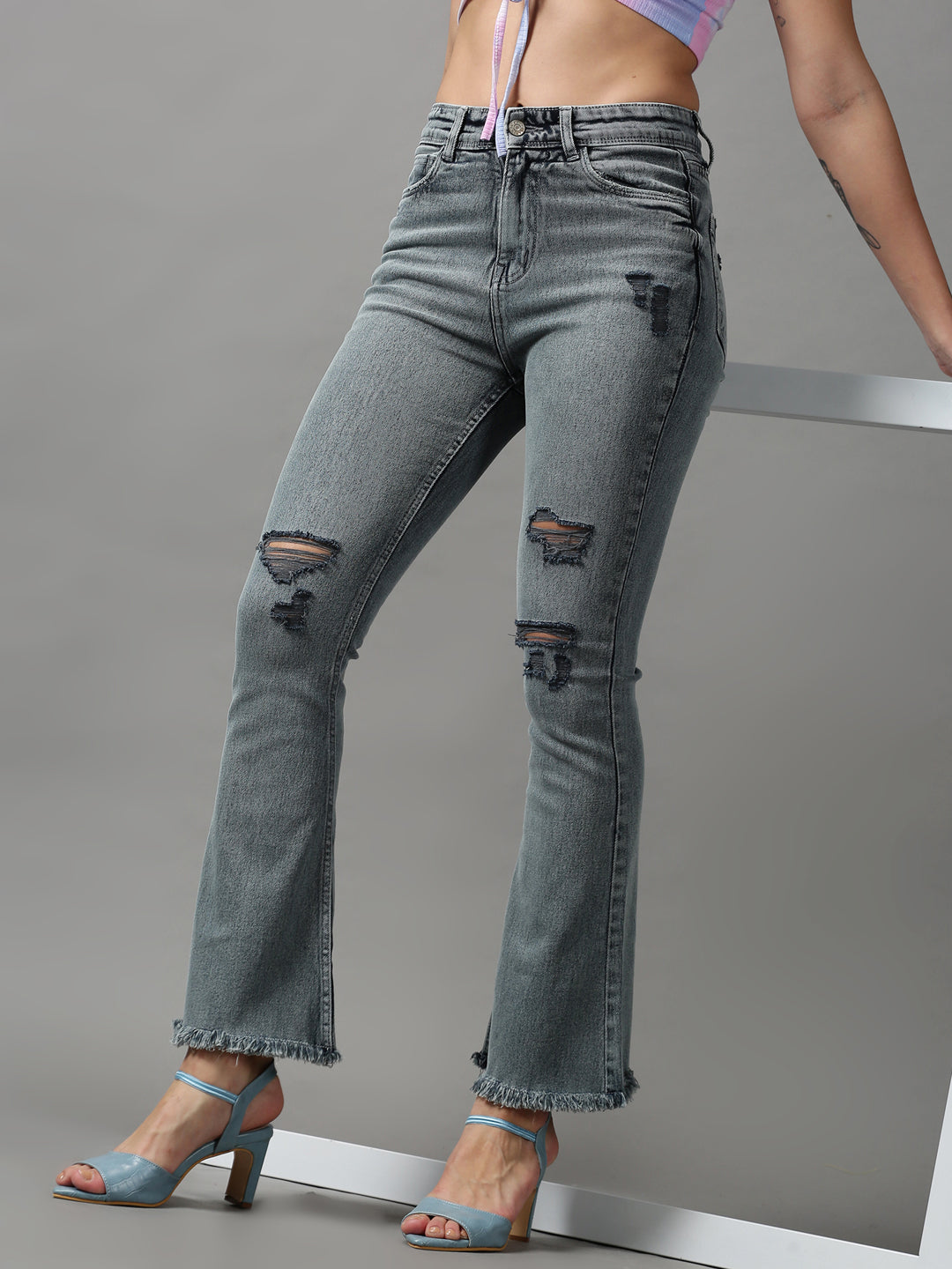 Women's Grey Solid Bootcut Denim Jeans