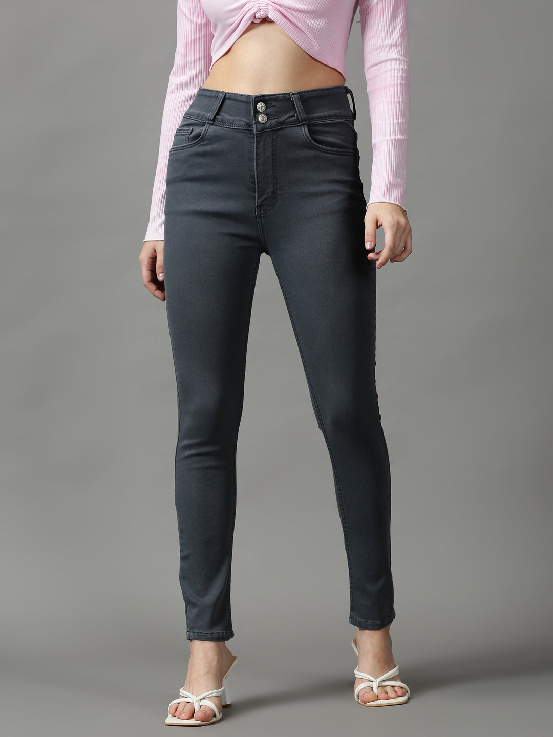 Women's Grey Solid Skinny Fit Denim Jeans