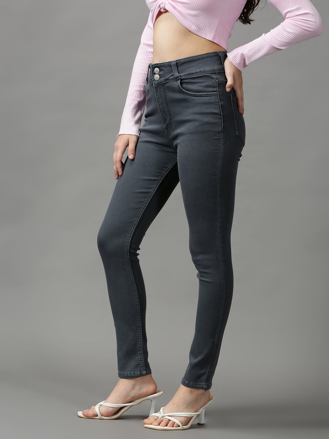 Women's Grey Solid Skinny Fit Denim Jeans