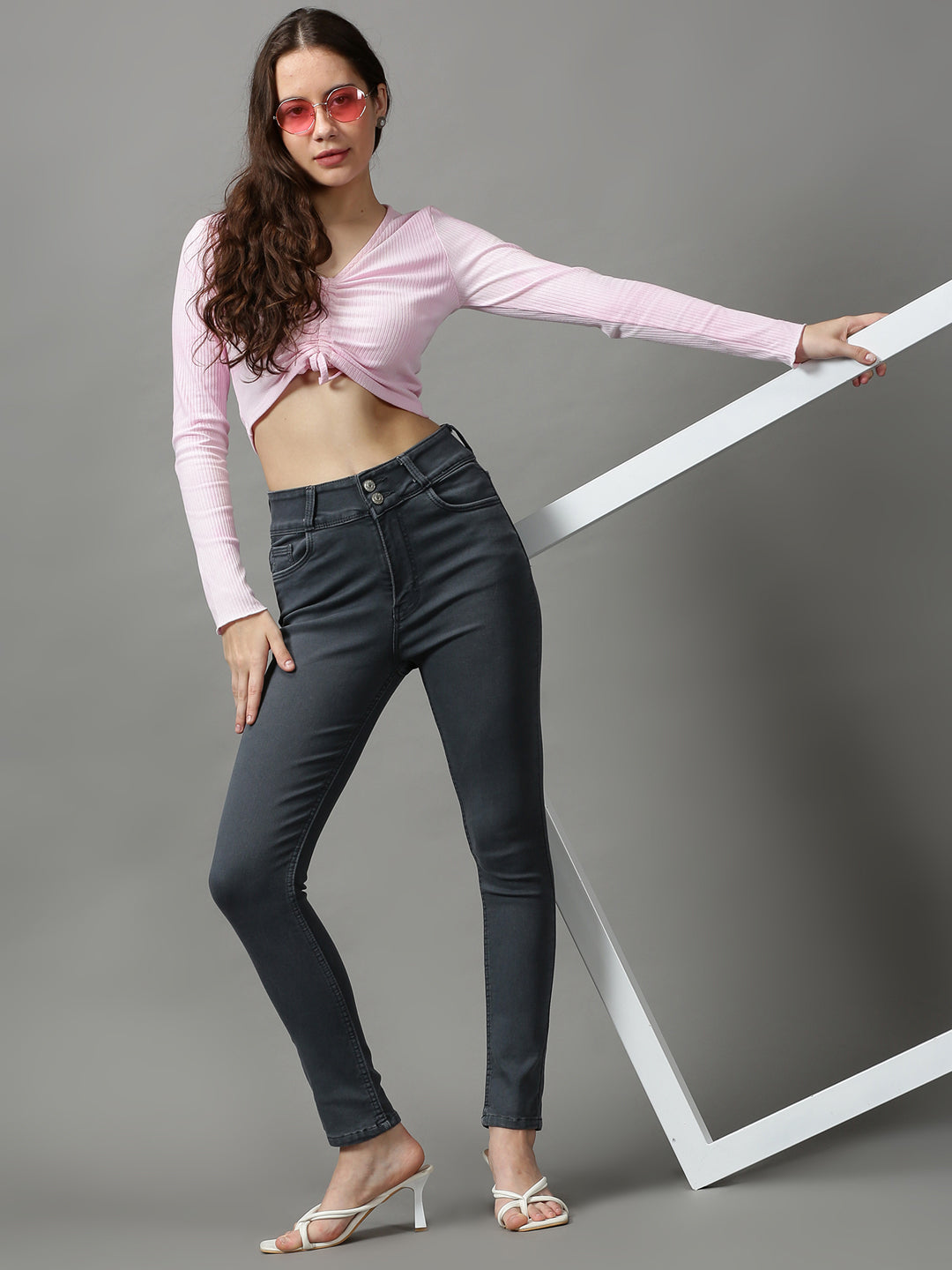 Women's Grey Solid Skinny Fit Denim Jeans