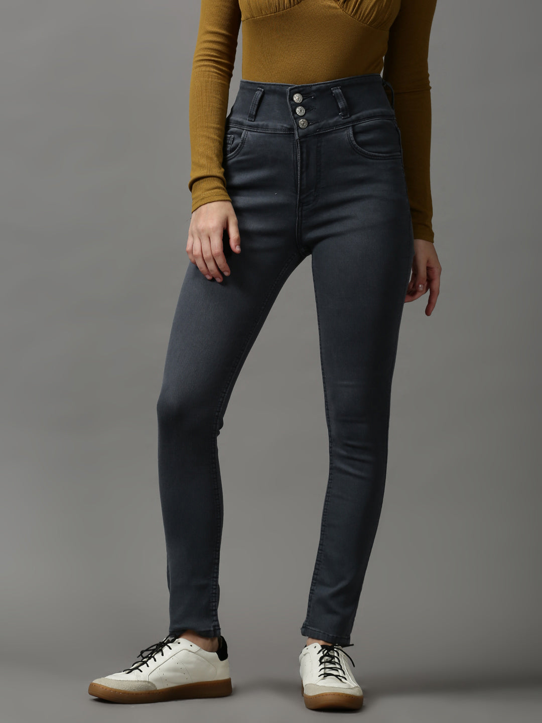 Women's Grey Solid Skinny Fit Denim Jeans