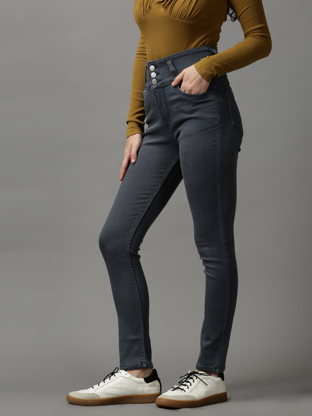 Women's Grey Solid Skinny Fit Denim Jeans