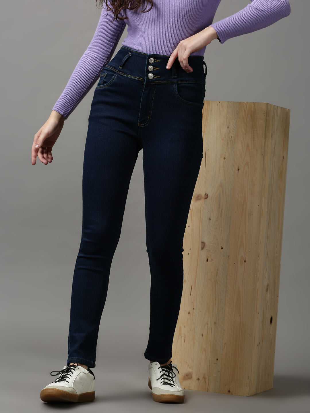 Women's Navy Blue Solid Skinny Fit Denim Jeans