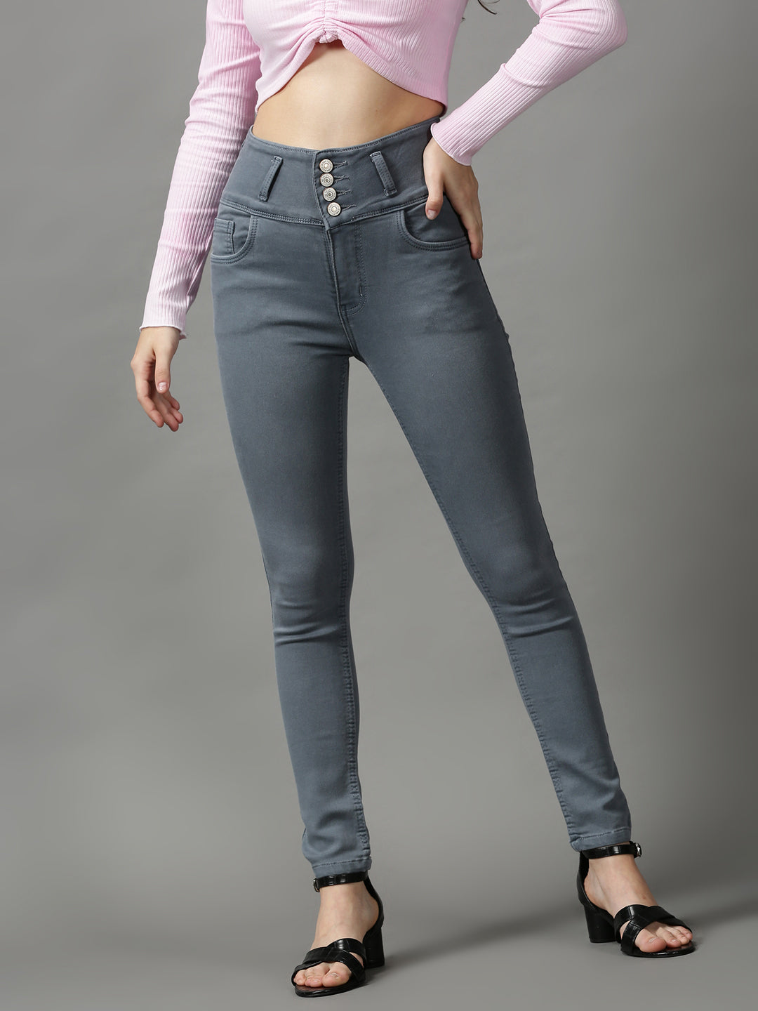 Women's Grey Solid Skinny Fit Denim Jeans