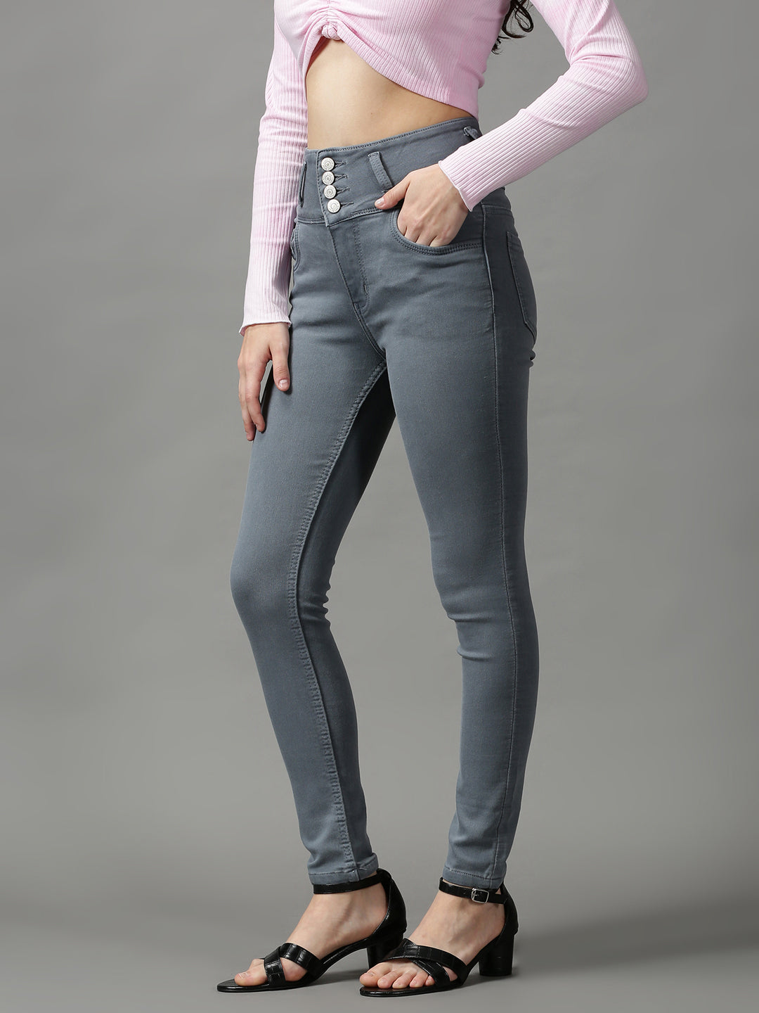 Women's Grey Solid Skinny Fit Denim Jeans