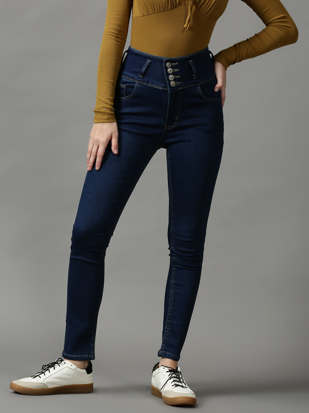 Women's Navy Blue Solid Skinny Fit Denim Jeans