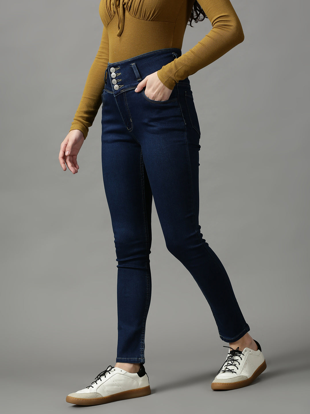 Women's Navy Blue Solid Skinny Fit Denim Jeans