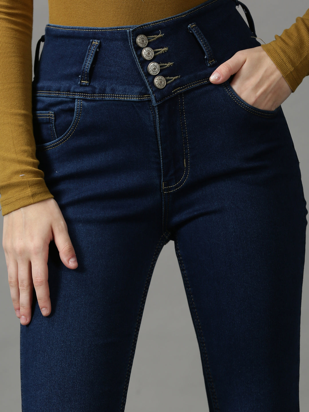 Women's Navy Blue Solid Skinny Fit Denim Jeans