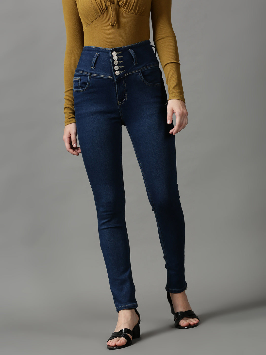 Women's Navy Blue Solid Skinny Fit Denim Jeans