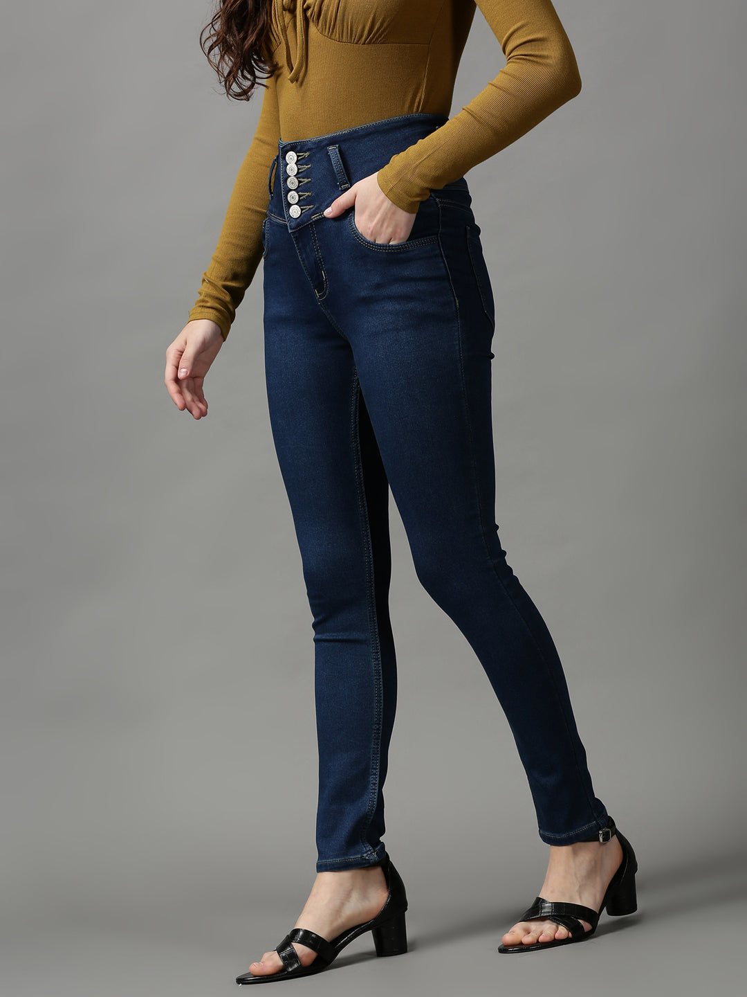 Women's Navy Blue Solid Skinny Fit Denim Jeans