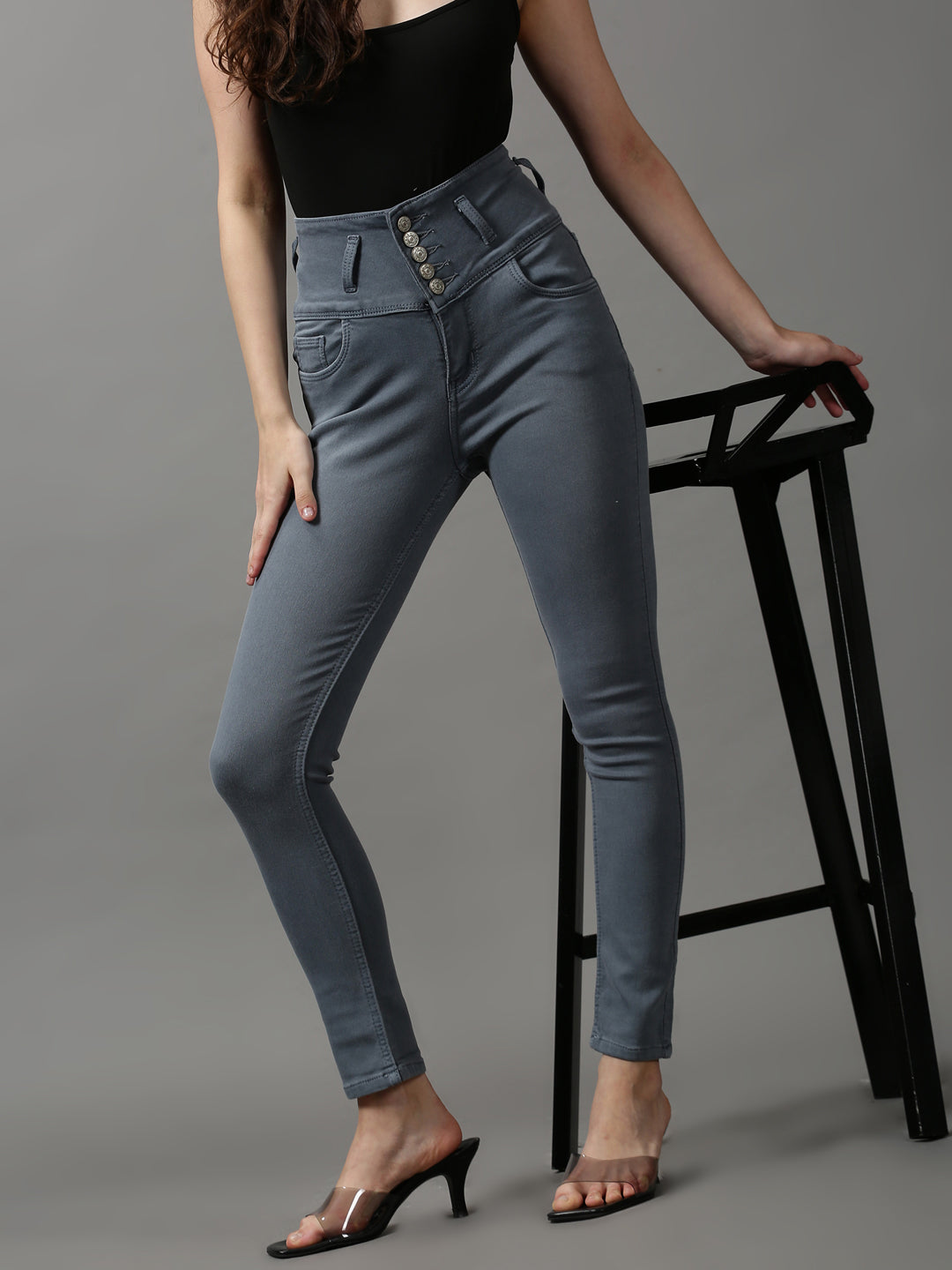 Women's Grey Solid Skinny Fit Denim Jeans