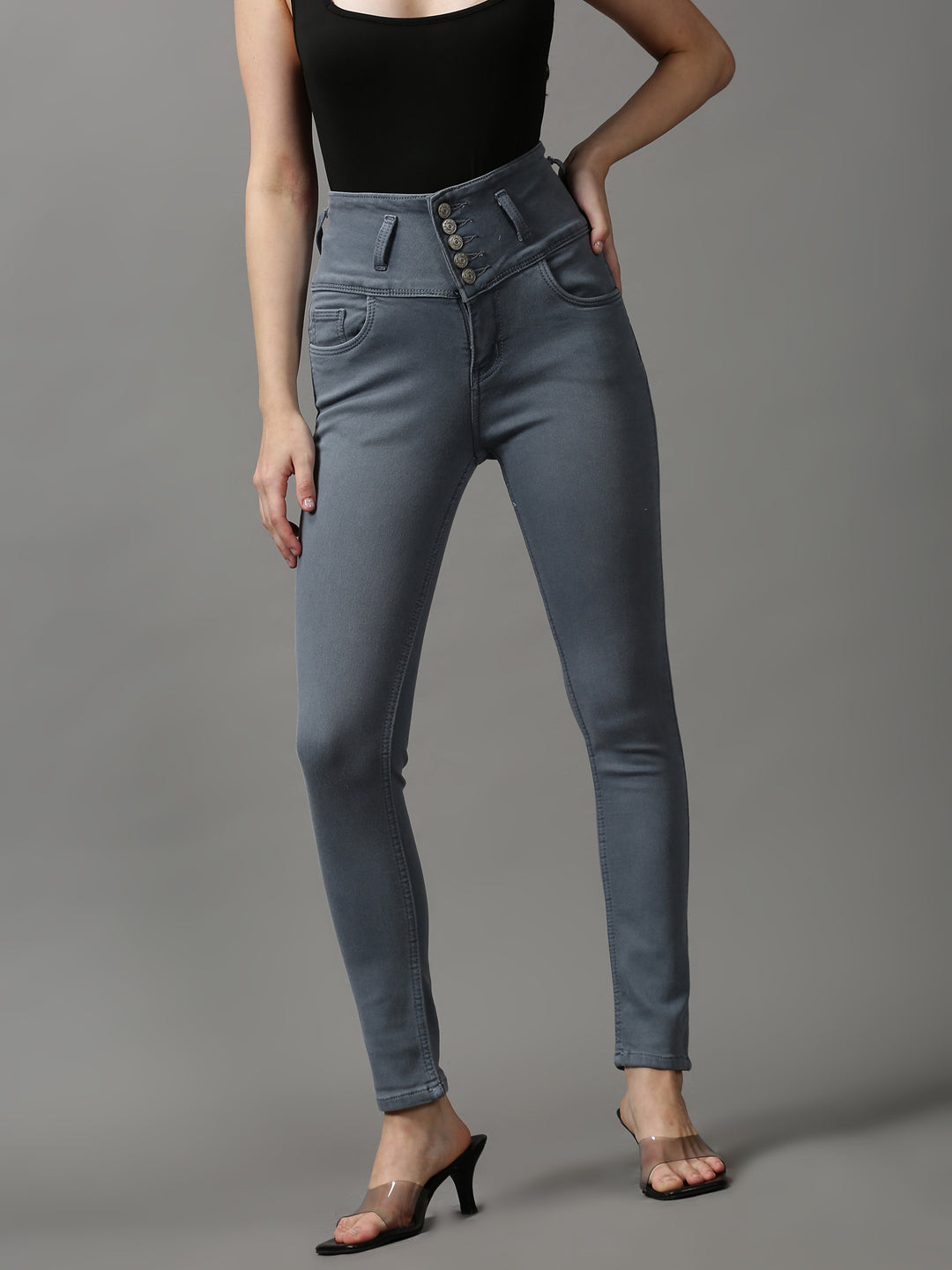 Women's Grey Solid Skinny Fit Denim Jeans