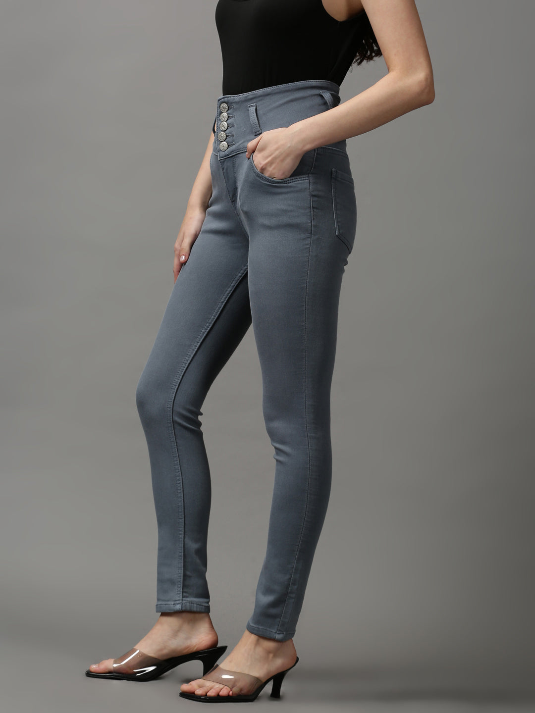 Women's Grey Solid Skinny Fit Denim Jeans