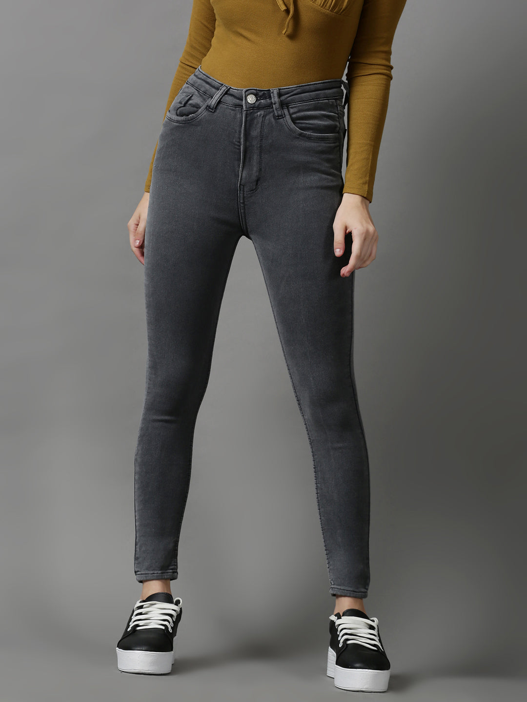 Women's Grey Solid Skinny Fit Denim Jeans