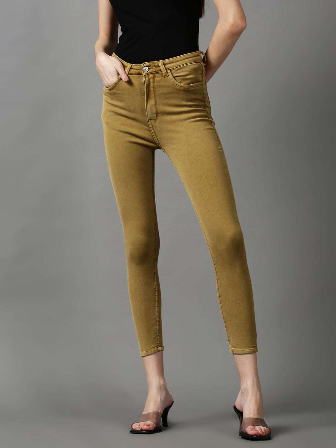 Women's Khaki Solid Skinny Fit Denim Jeans