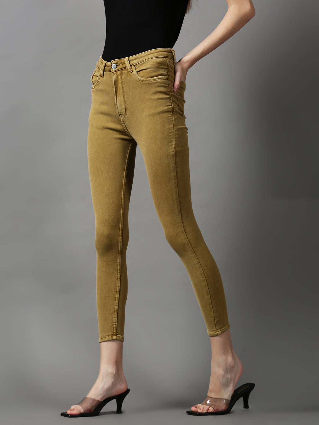 Women's Khaki Solid Skinny Fit Denim Jeans