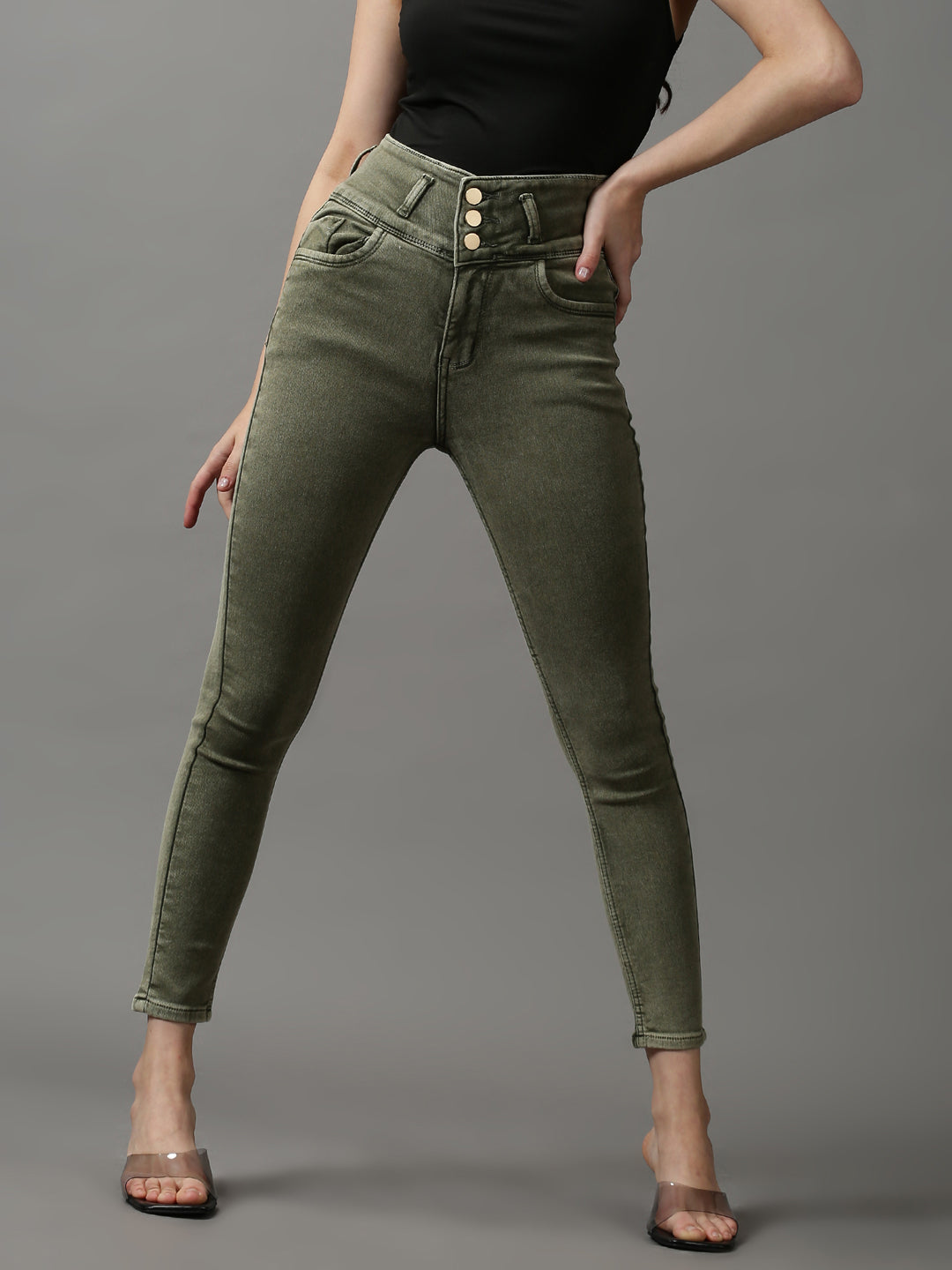 Women's Olive Solid Skinny Fit Denim Jeans