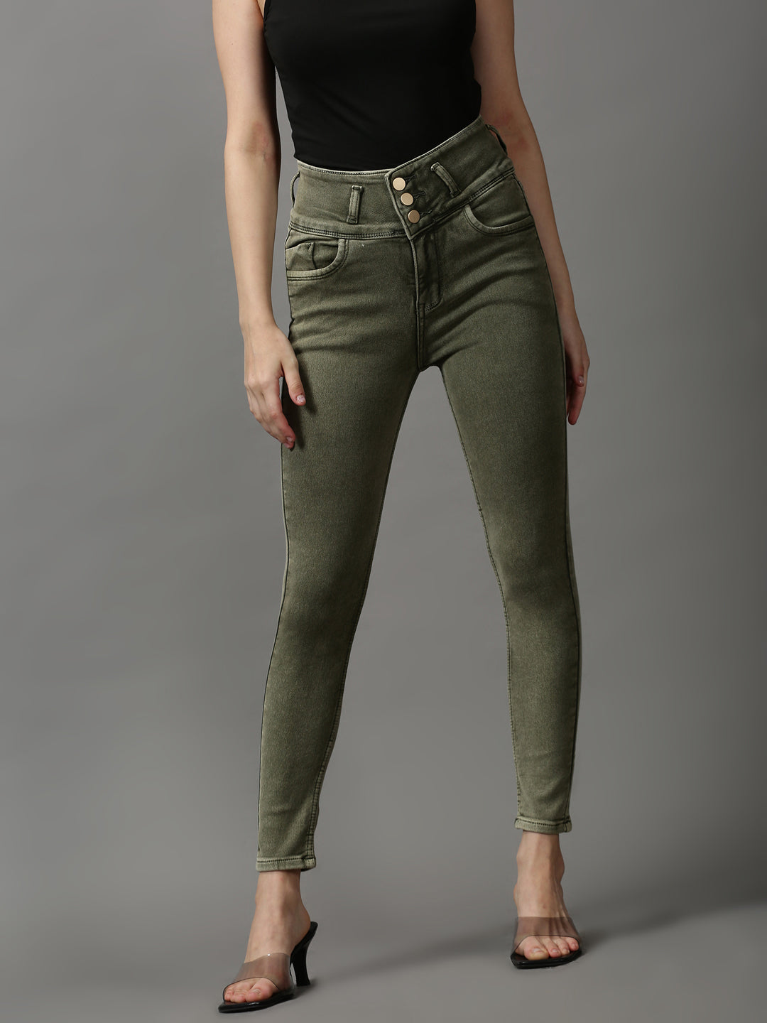 Women's Olive Solid Skinny Fit Denim Jeans