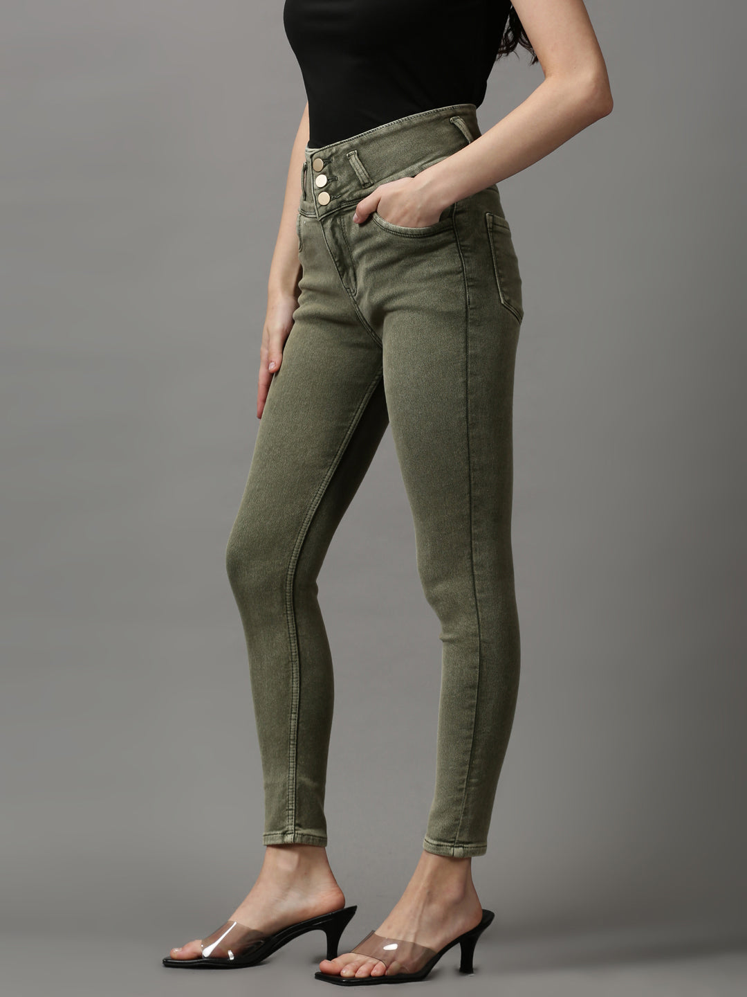 Women's Olive Solid Skinny Fit Denim Jeans