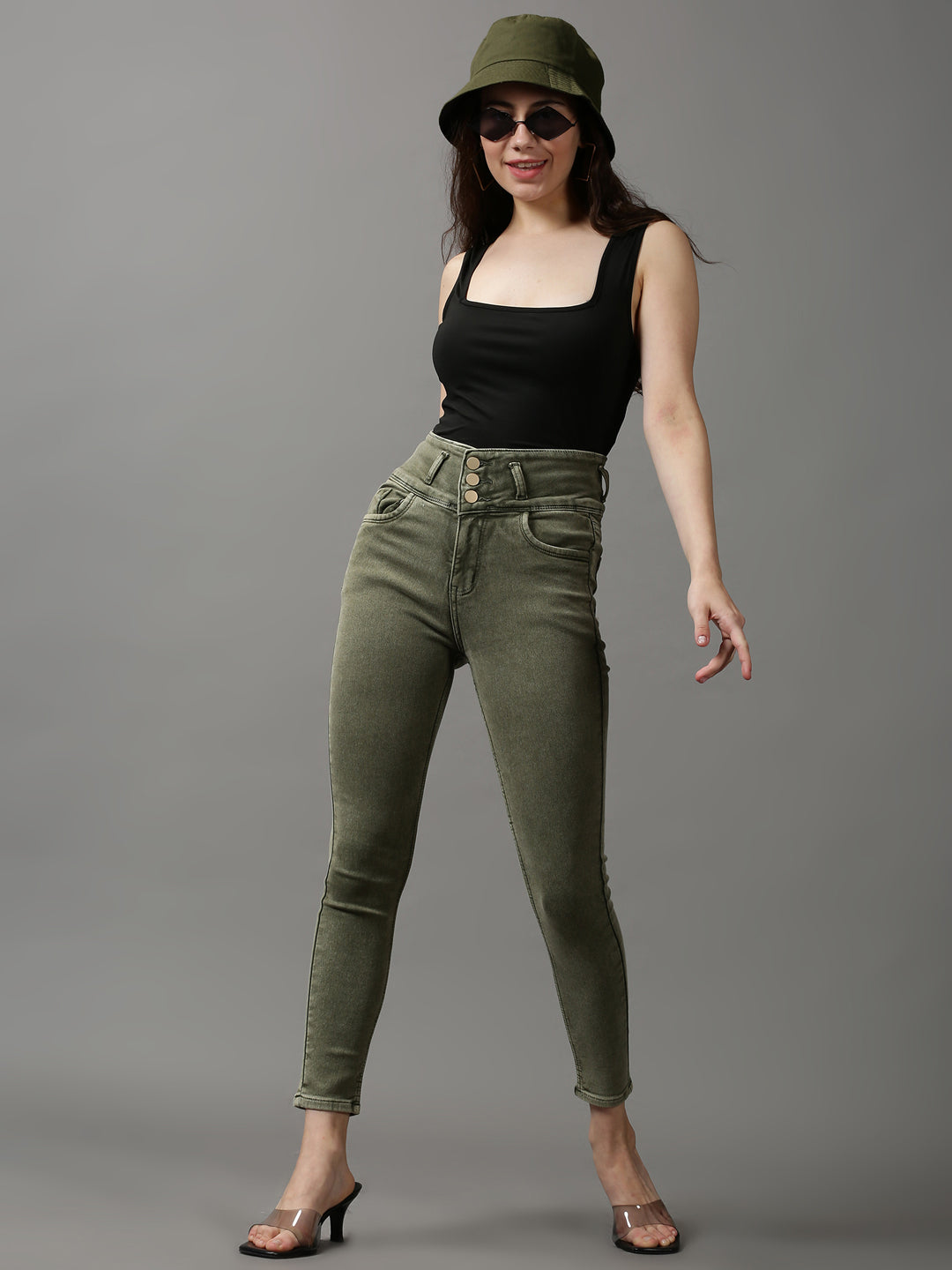 Women's Olive Solid Skinny Fit Denim Jeans