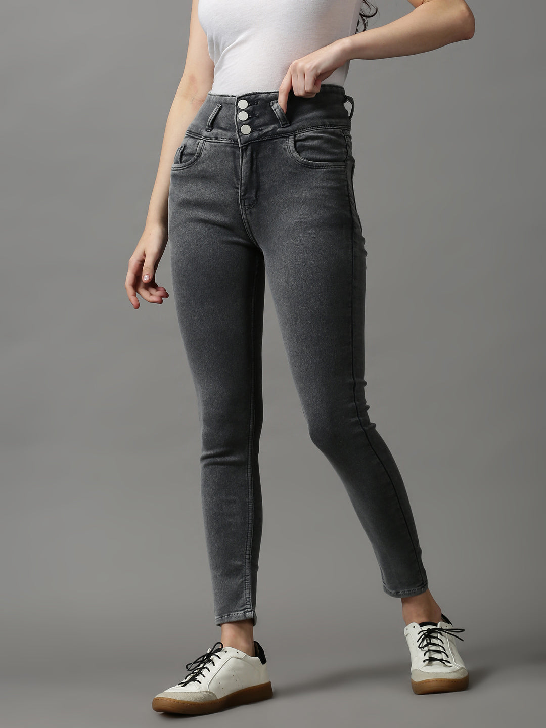 Women's Grey Solid Skinny Fit Denim Jeans