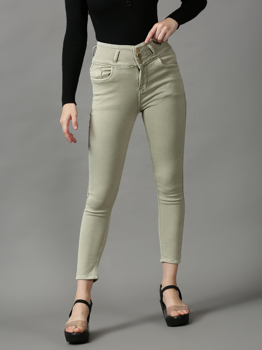 Women's Olive Solid Skinny Fit Denim Jeans