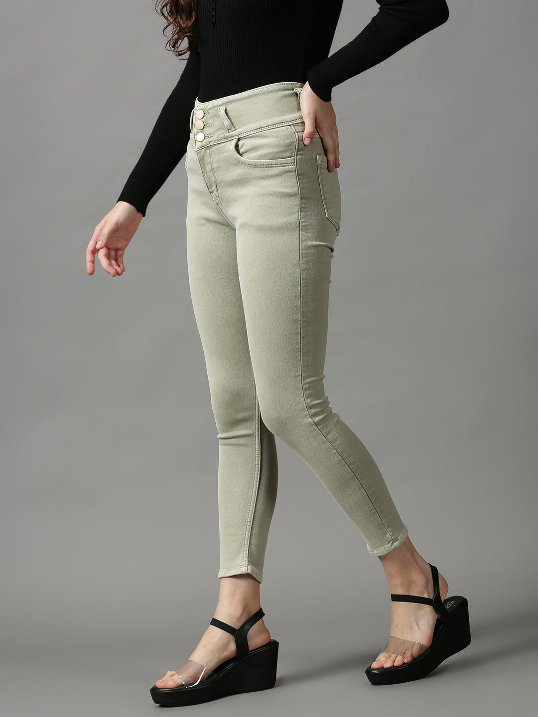 Women's Olive Solid Skinny Fit Denim Jeans