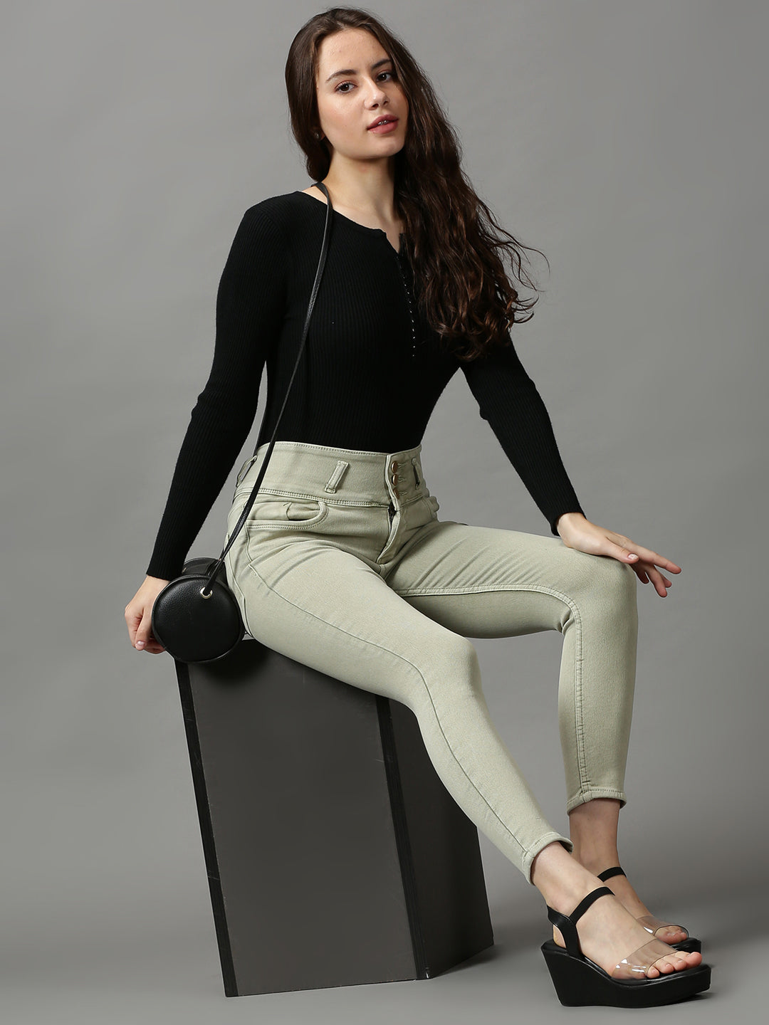 Women's Olive Solid Skinny Fit Denim Jeans