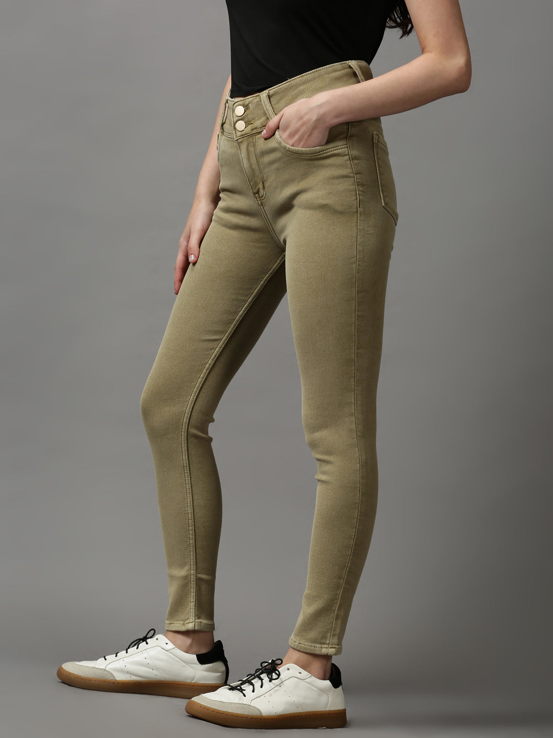 Women's Beige Solid Skinny Fit Denim Jeans