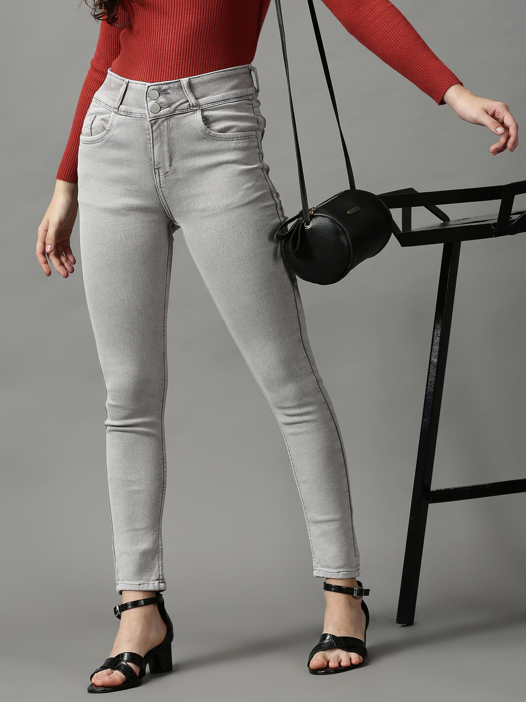 Women's Grey Solid Skinny Fit Denim Jeans