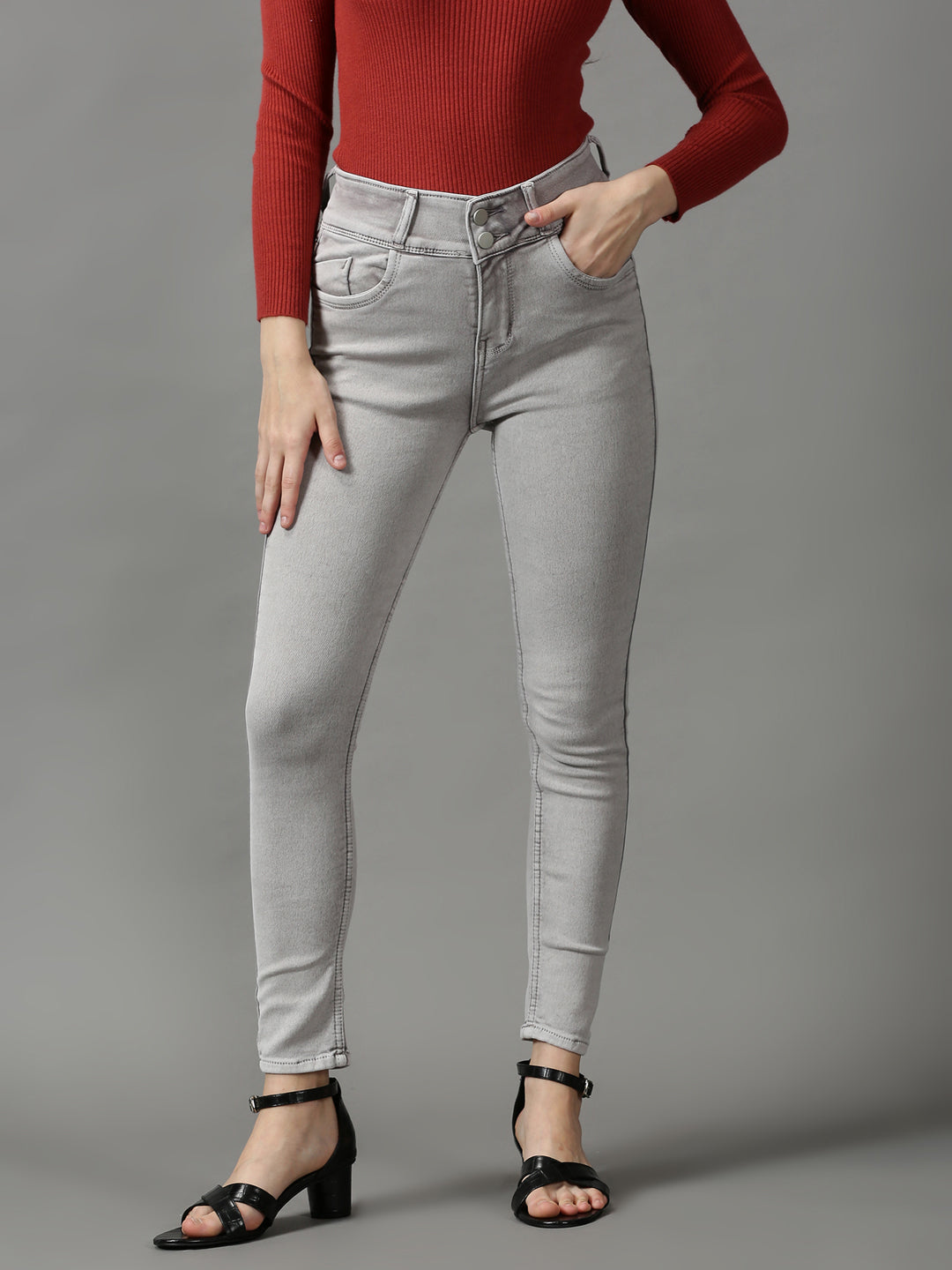 Women's Grey Solid Skinny Fit Denim Jeans