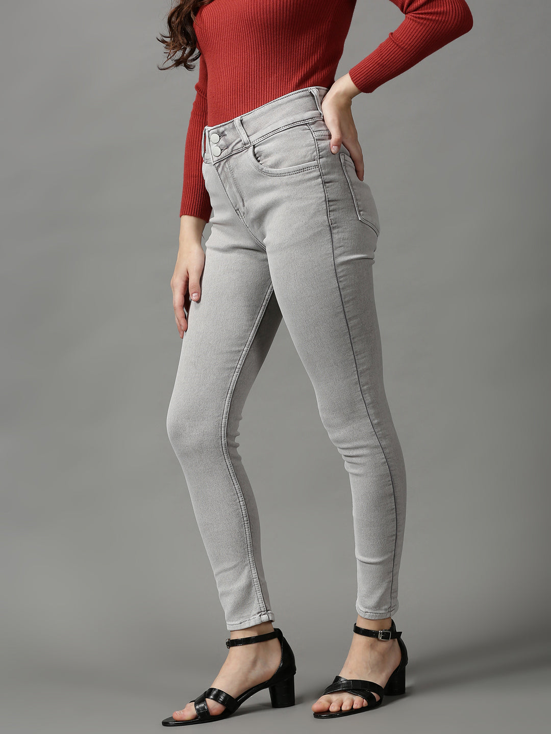 Women's Grey Solid Skinny Fit Denim Jeans