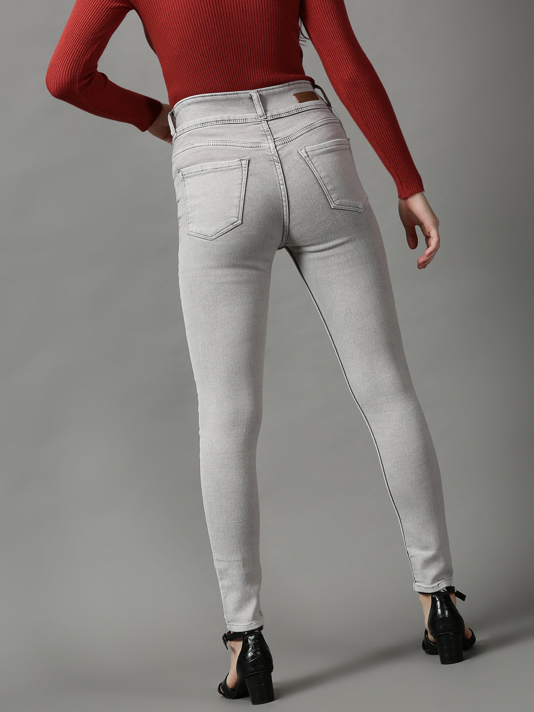 Women's Grey Solid Skinny Fit Denim Jeans