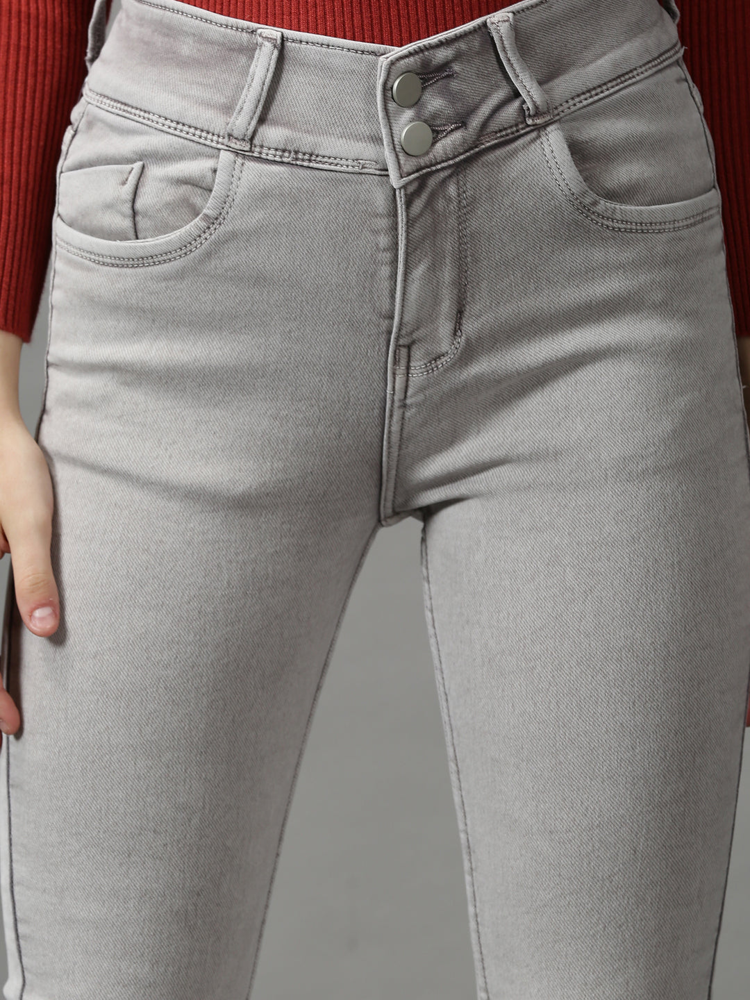 Women's Grey Solid Skinny Fit Denim Jeans