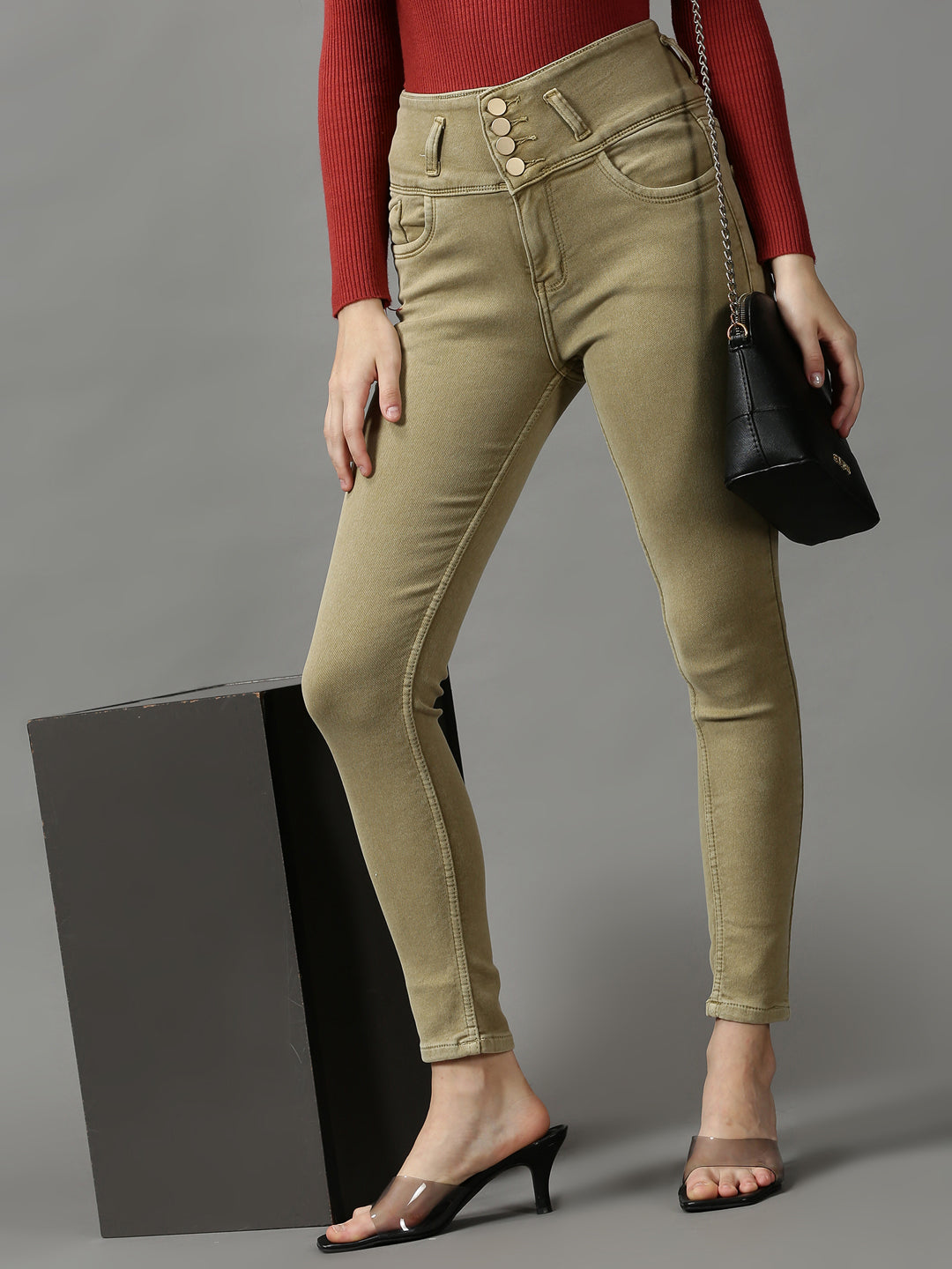 Women's Beige Solid Skinny Fit Denim Jeans