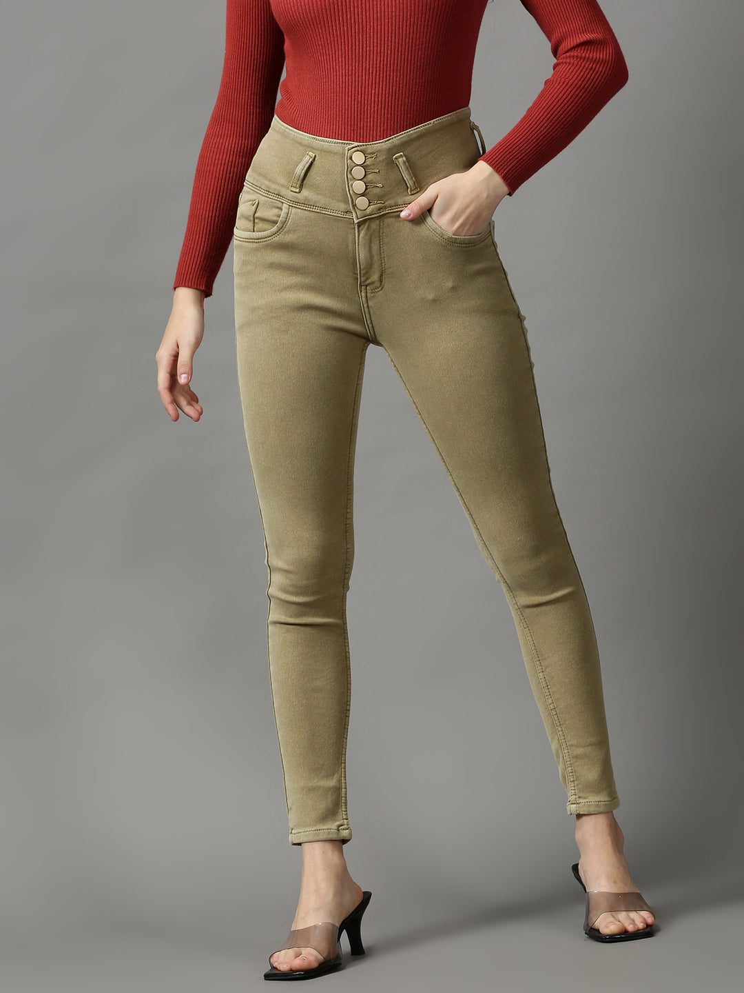 Women's Beige Solid Skinny Fit Denim Jeans