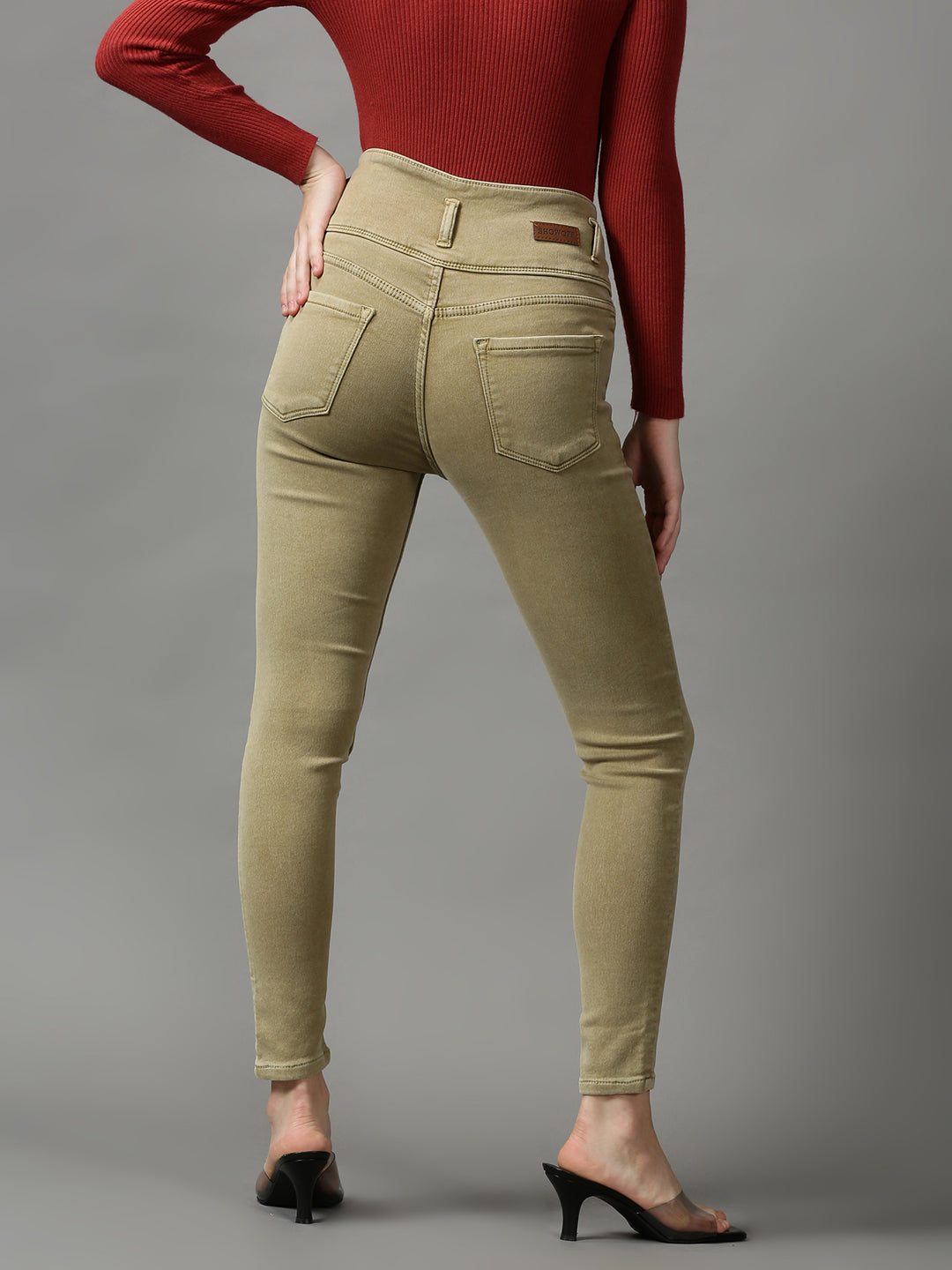 Women's Beige Solid Skinny Fit Denim Jeans