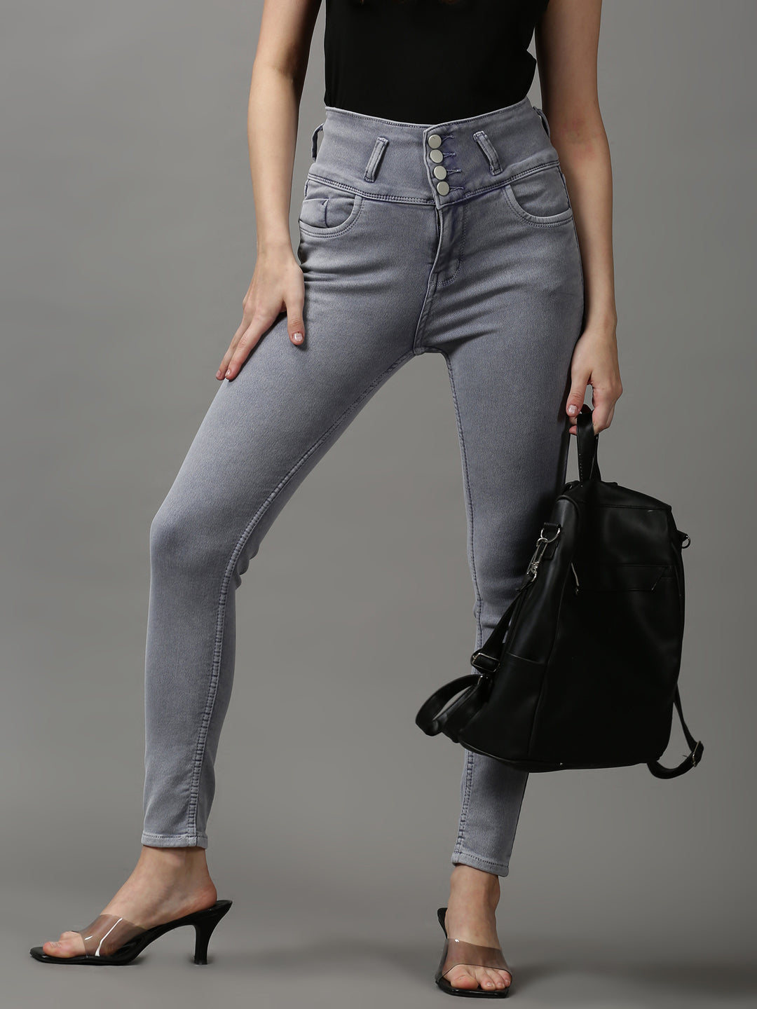 Women's Grey Solid Skinny Fit Denim Jeans