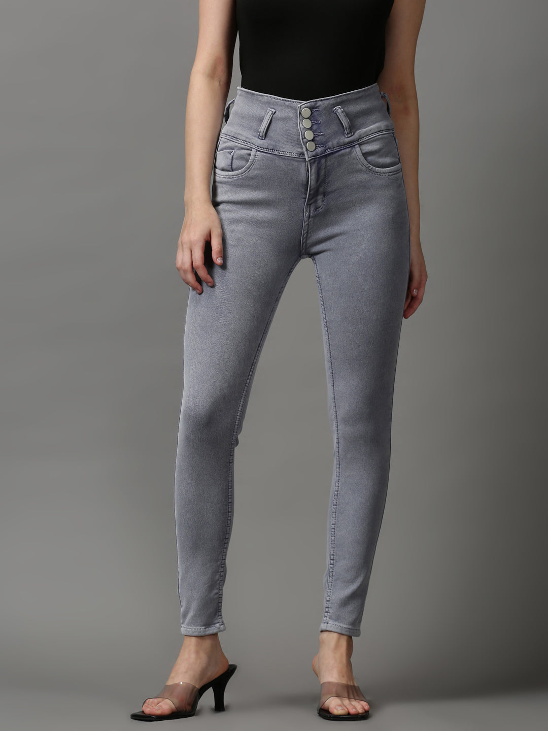 Women's Grey Solid Skinny Fit Denim Jeans