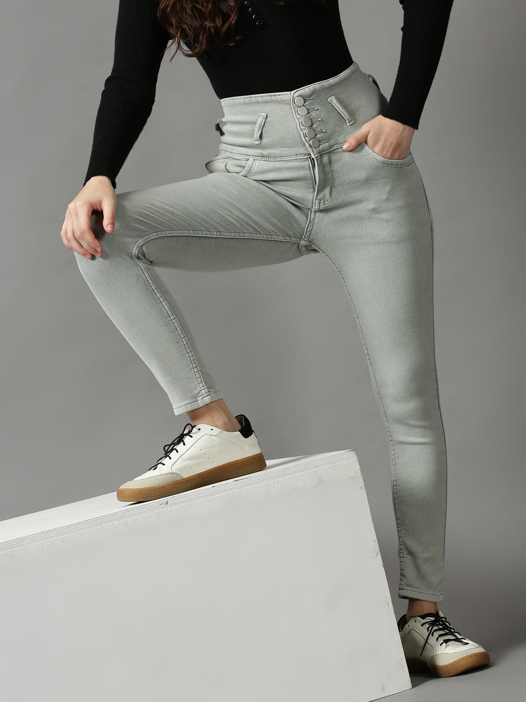 Women's Green Solid Skinny Fit Denim Jeans