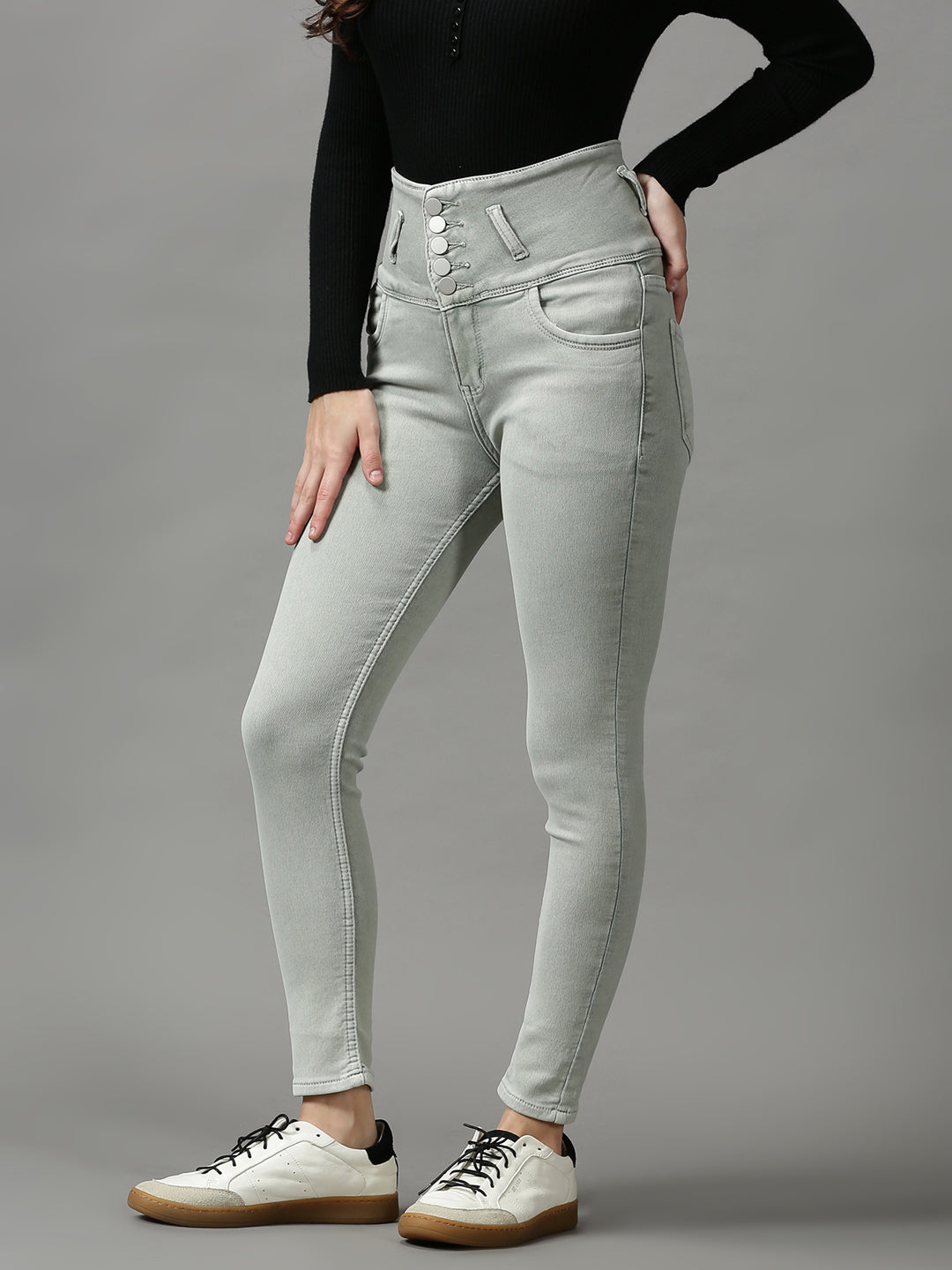 Women's Green Solid Skinny Fit Denim Jeans