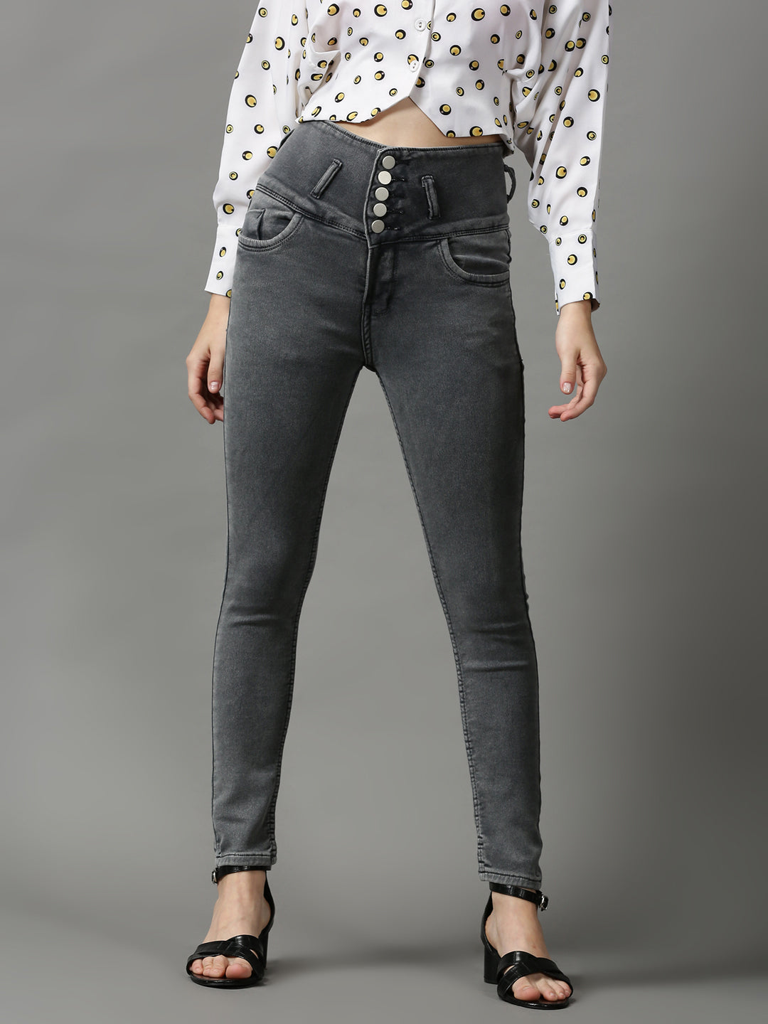 Women's Grey Solid Skinny Fit Denim Jeans