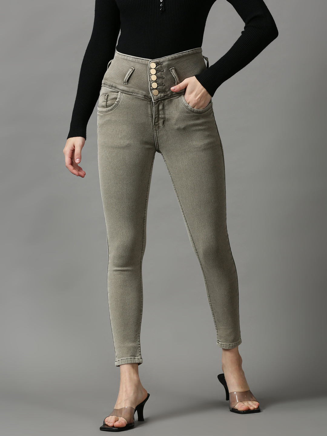 Women's Olive Solid Skinny Fit Denim Jeans