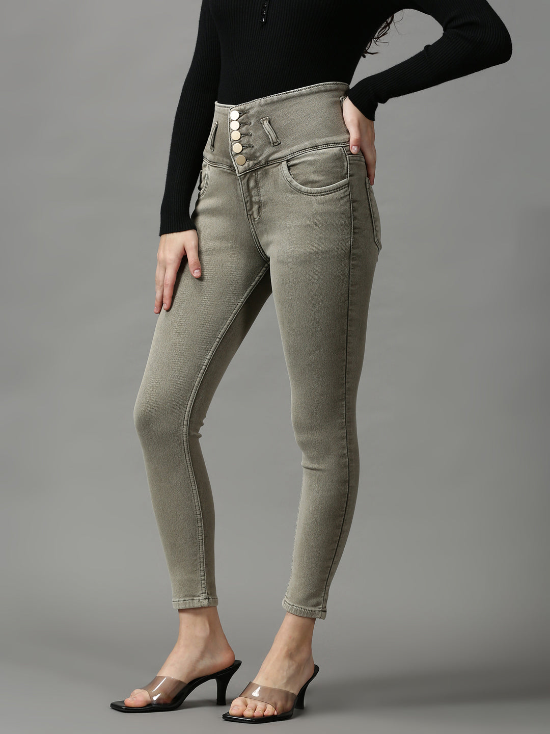 Women's Olive Solid Skinny Fit Denim Jeans