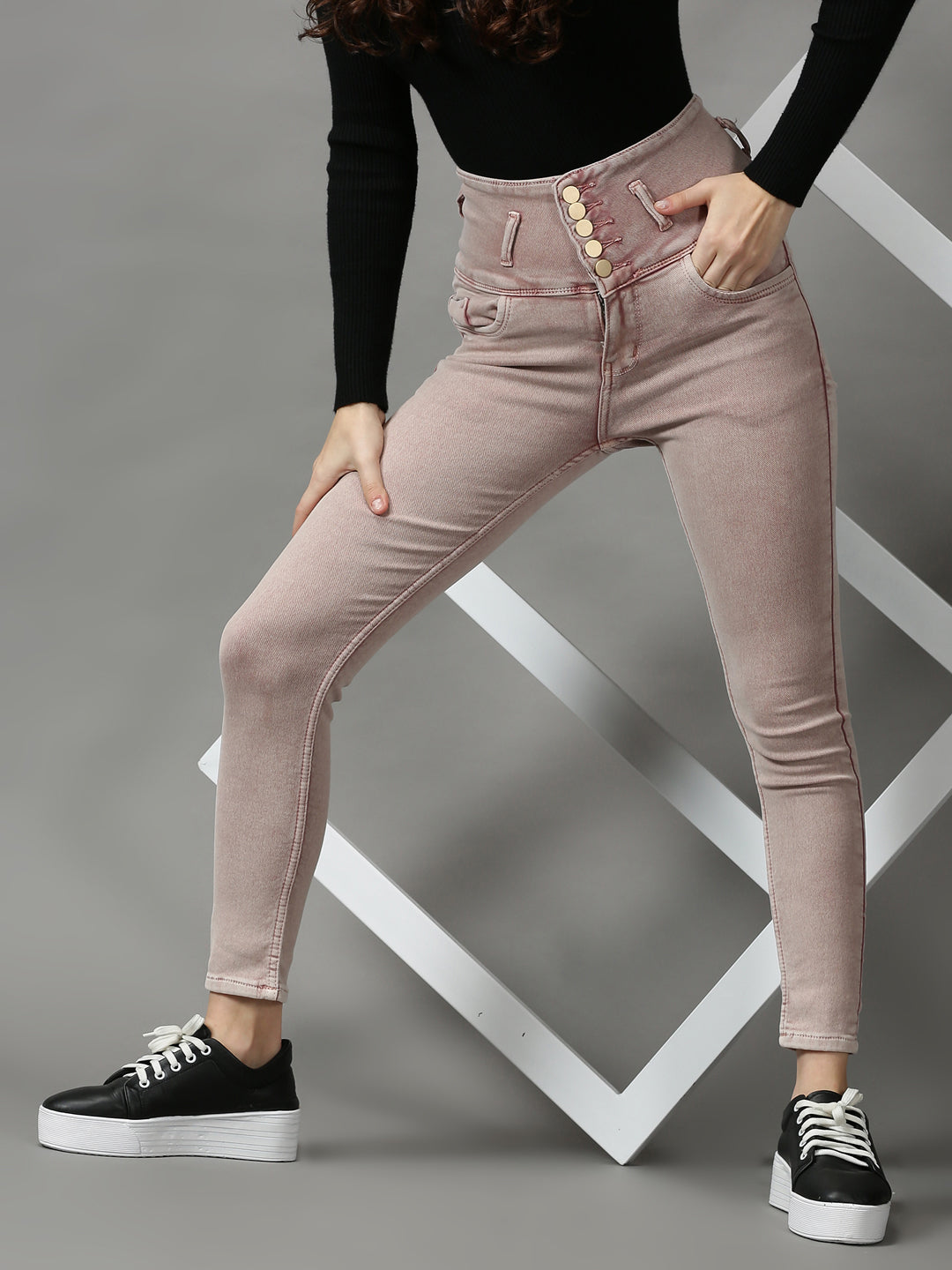 Women's Pink Solid Skinny Fit Denim Jeans