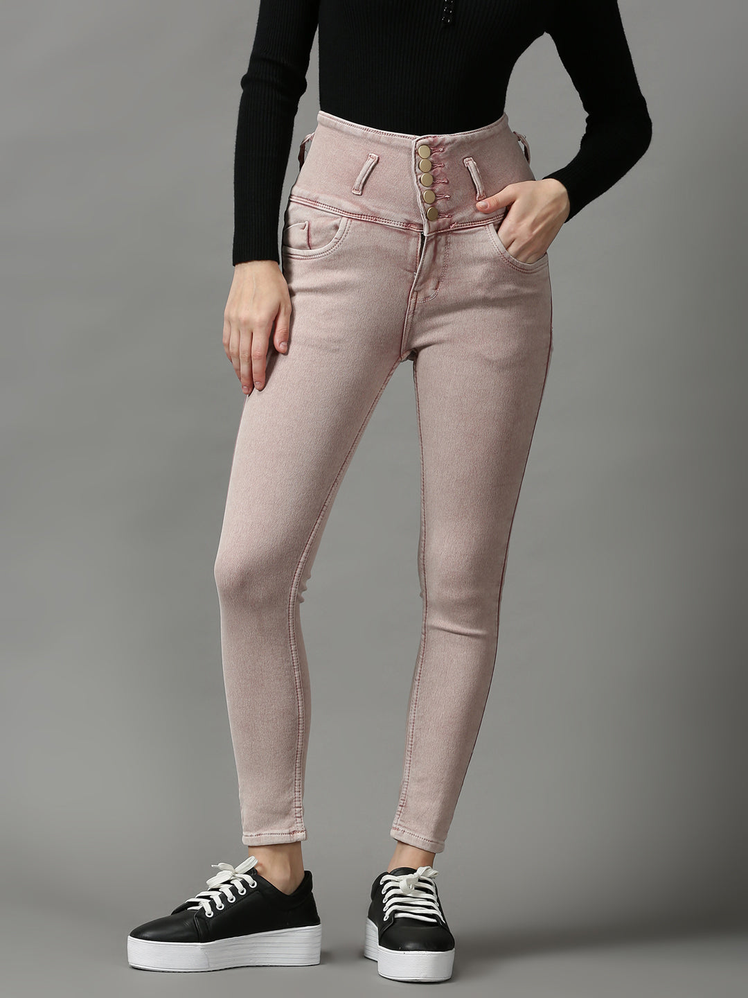 Women's Pink Solid Skinny Fit Denim Jeans