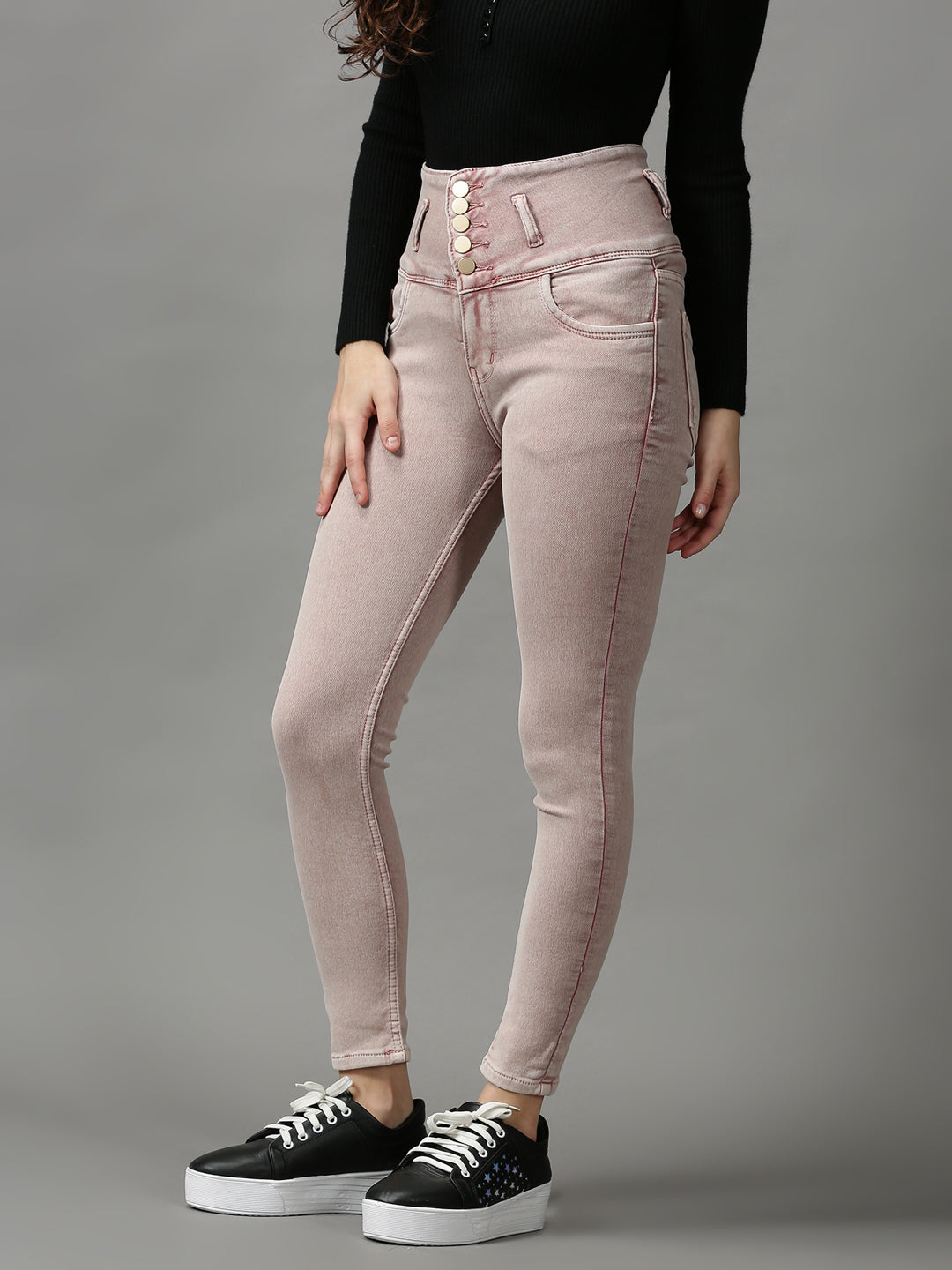 Women's Pink Solid Skinny Fit Denim Jeans