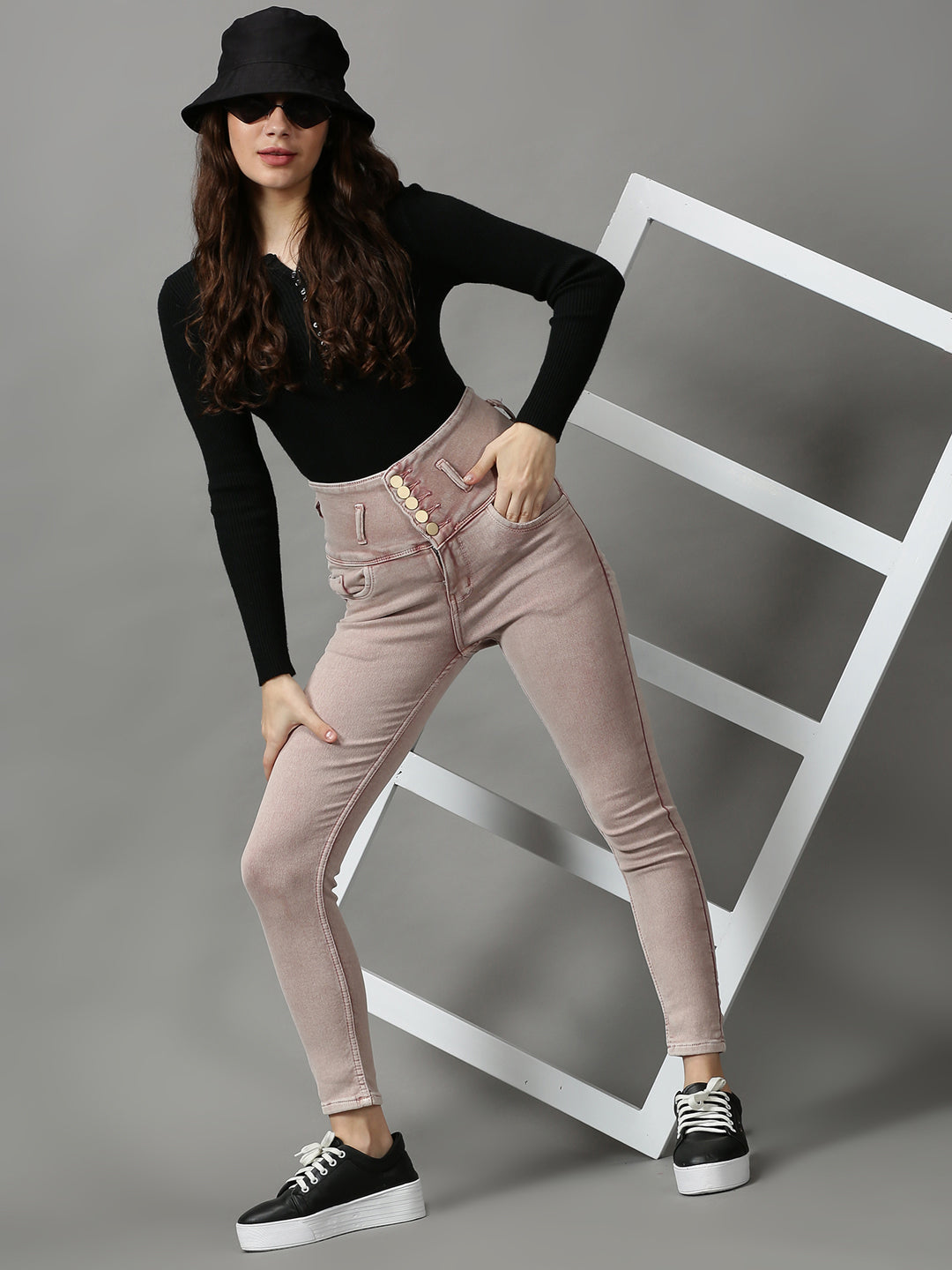 Women's Pink Solid Skinny Fit Denim Jeans