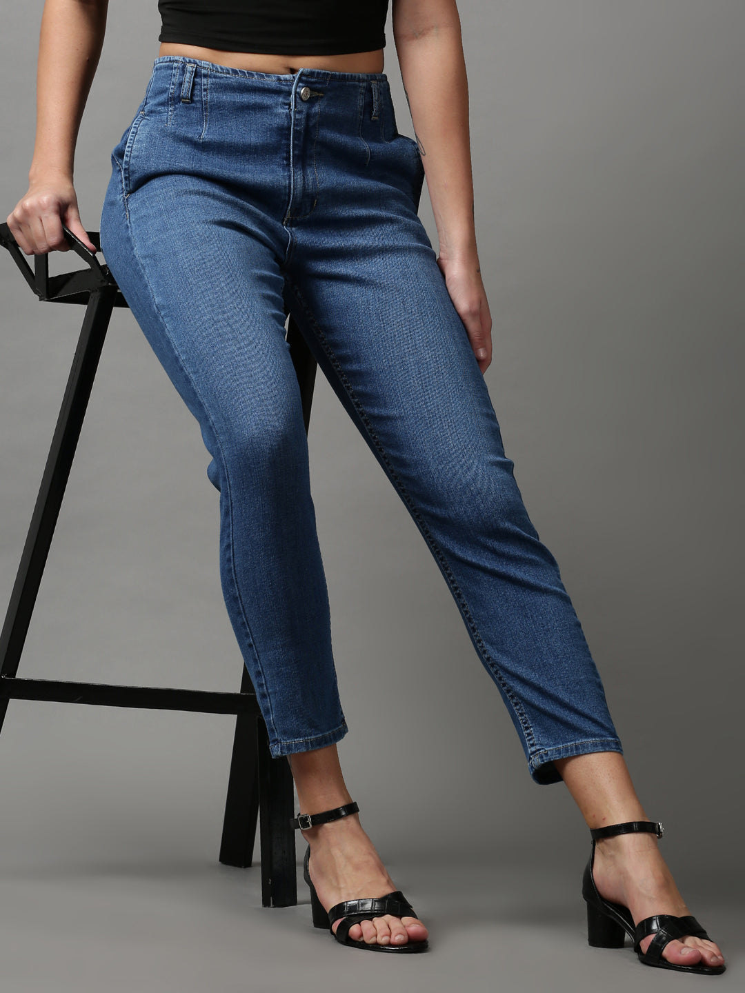 Women's Blue Solid Wide Leg Denim Jeans