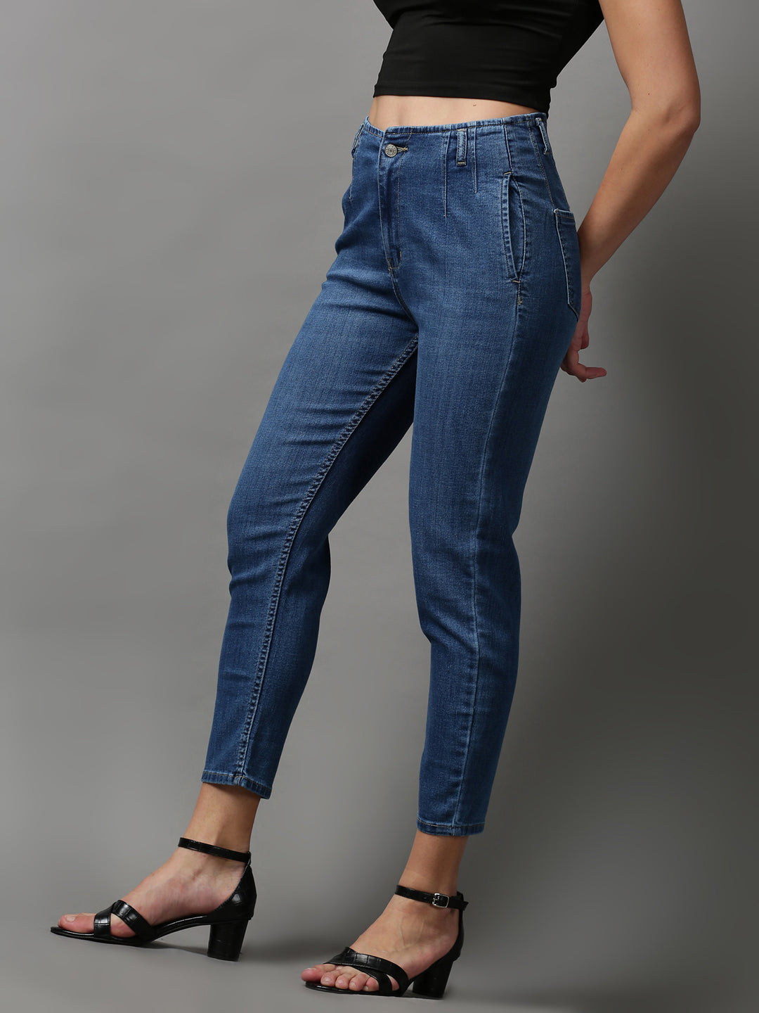 Women's Blue Solid Wide Leg Denim Jeans